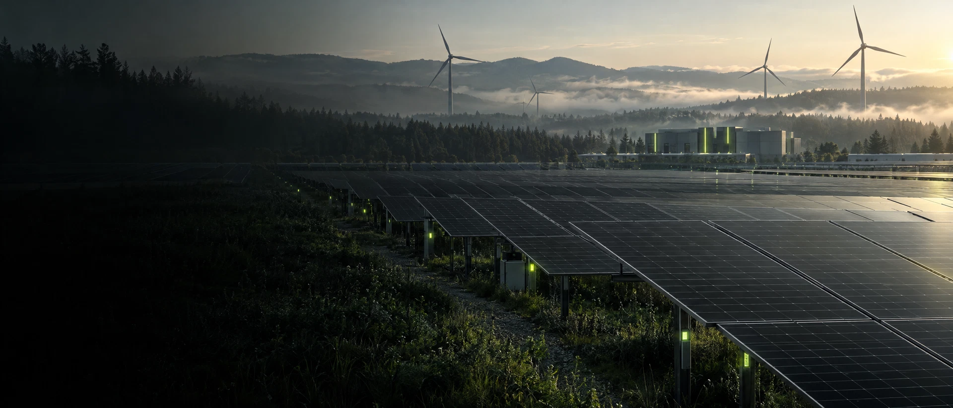 Solar panel infrastructure across a green-energy landscape